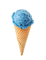 Blueberry ice cream with cone isolated on white background
