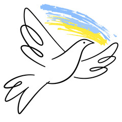 Creative flying dove with Ukrainian flag. Peace and freedom symbol on white background.