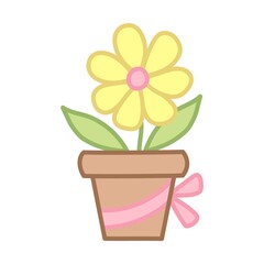 Yellow flower in a pot with ribbon. Eco gift. Cartoon style. Hand drawn vector illustration isolated on white background.