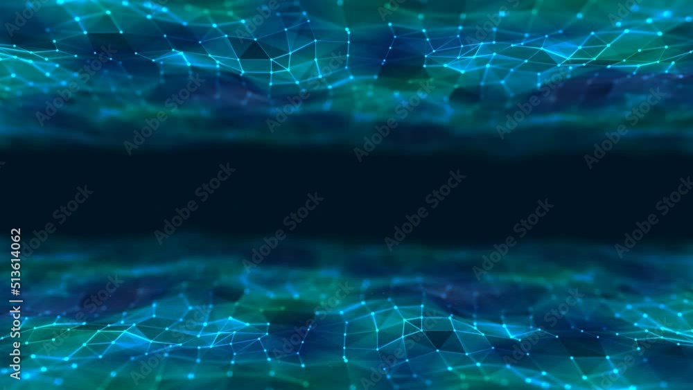 Poster neon animated background frame. wave motion of luminous lines. plexus of stripes, dots. digital netw