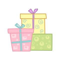 Colorful gift boxes. Design element in cartoon style. Vector illustration isolated on white background.