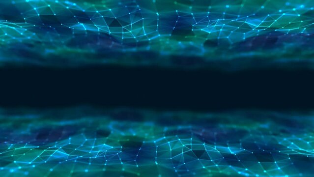Neon animated background frame. Wave motion of luminous lines. Plexus of stripes, dots. Digital network. Energy field. Cosmic path. LED strip. Computer screensaver, logo, business, intro. 4k