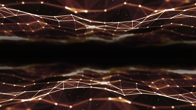 Neon animated fire background frame. Wave motion  luminous lines. Plexus of stripes, dots. Digital network. Flame. Energy field. Cosmic path. LED strip. Computer screensaver, logo, business, intro. 4k