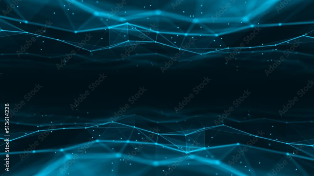 Poster neon animated blue background frame. wave motion of luminous lines. plexus of stripes, dots. digital