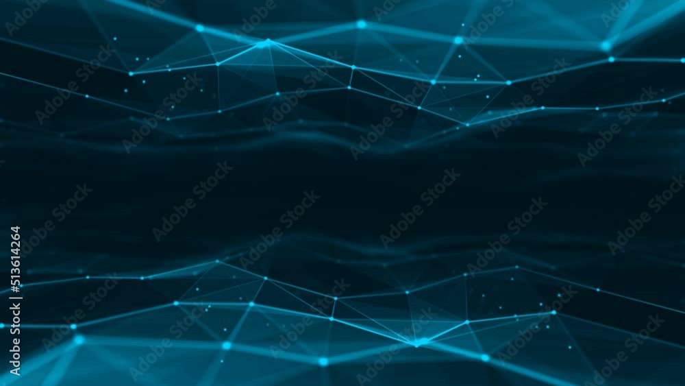 Poster neon animated blue background frame. wave motion of luminous lines. plexus of stripes, dots. digital