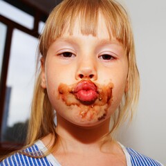 Little girl with a dirty mouth is eating Alpine chocolate. Lips with a bow.