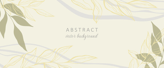 Wedding invitation abstract background in boho style with golden lines and botanical leaves, organic shapes. Abstract art background design for wedding and vip cover template. Vector illustration