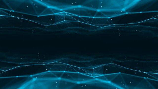 Neon animated blue  background frame. Wave motion of luminous lines. Plexus of stripes, dots. Digital network. Energy field. Cosmic path. LED strip. Computer screensaver, logo, business, intro. 4k