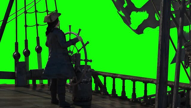 the pirate captain holds the ship's steering wheel and sails across the sea on a sailing pirate ship 3d render on a green background looped