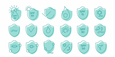 SPF 50, 30, 15 sun protection icon set. Vector stock illustration isolated on white background for packaging design sunscreen face cream, body lotion, hair shampoo. 