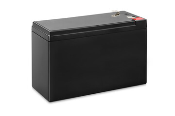 Three quarter view of black 12 volts 9Ah battery, isolated on white