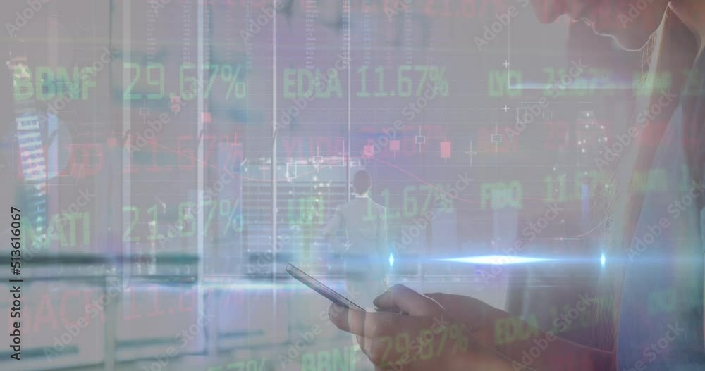 Aufkleber animation of statistics and data processing over caucasian businesswoman using smartphone