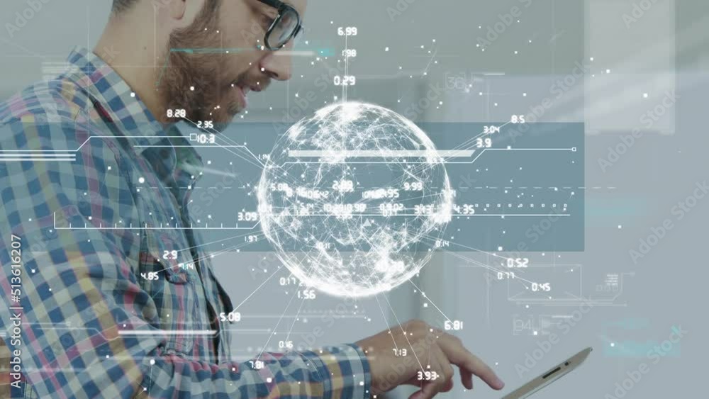 Poster globe of network of connections against caucasian man using digital tablet at office