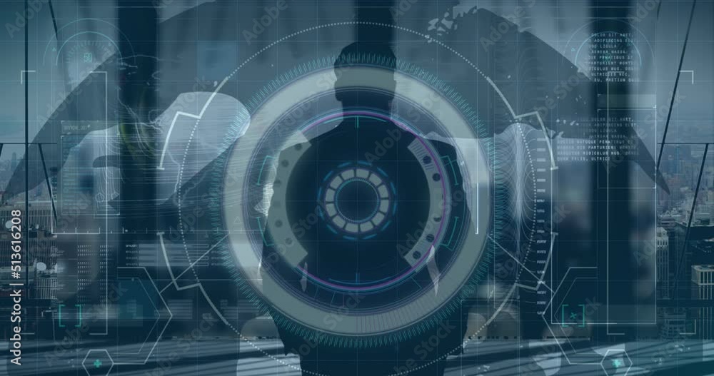 Poster Digital interface with data processing and round scanner over rear view of a businessman at office