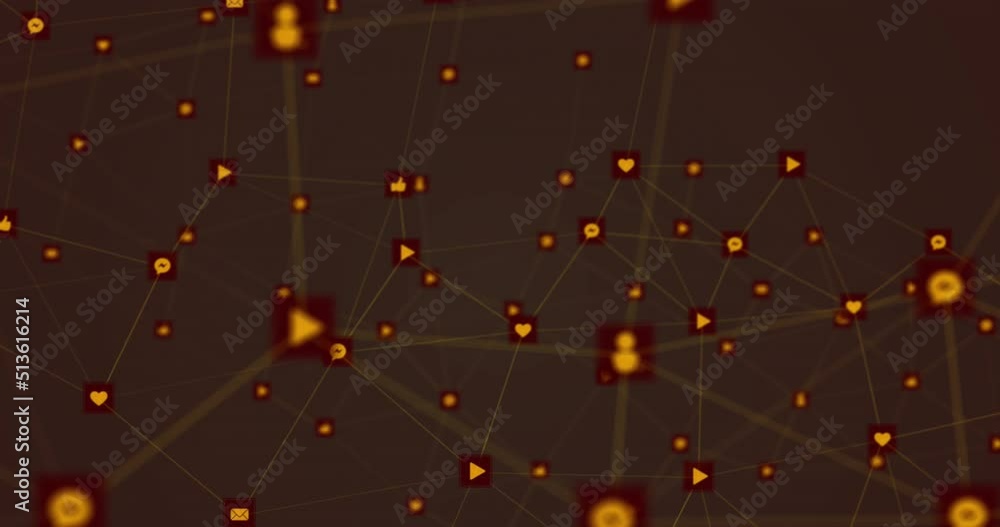 Poster digital animation of network of digital icons against black background