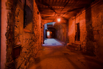 Dark street (rue obscure) in villefranche sur mer on the french riviera - obrazy, fototapety, plakaty