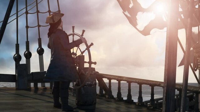 the pirate captain holds the ship's steering wheel and sails across the sea on a sailing pirate ship render 3d