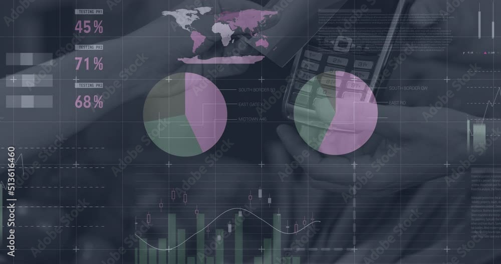 Poster statistical data processing against close up of person's hand using a credit card to make payment