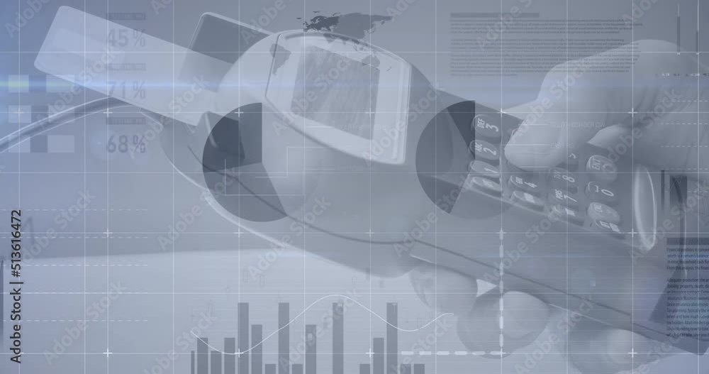 Poster statistical data processing against close up of person's hand using a card machine