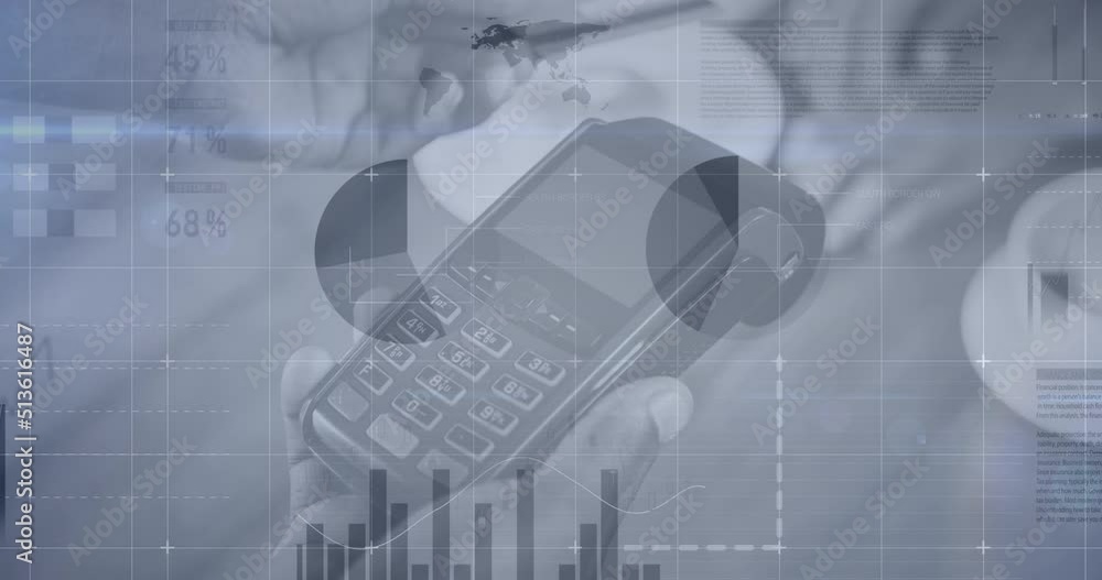 Poster statistical data processing against close up of person's hand using a card machine