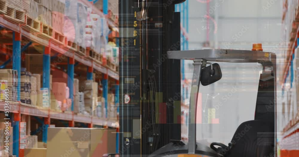 Poster multiple screens with statistical data processing over forklift machine at the warehouse