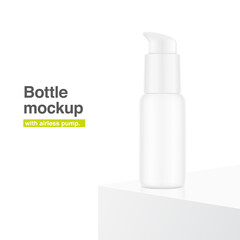 Airless pump bottle mockup with podium isolated on white background. Vector illustration. Сan be used for cosmetic, medical and other needs. Symmetrical lighting scheme. EPS10.	