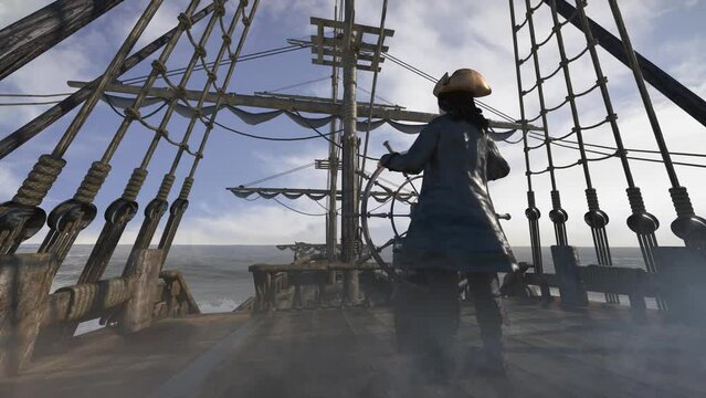 the pirate captain holds the ship's steering wheel and sails across the sea on a sailing pirate ship render 3d