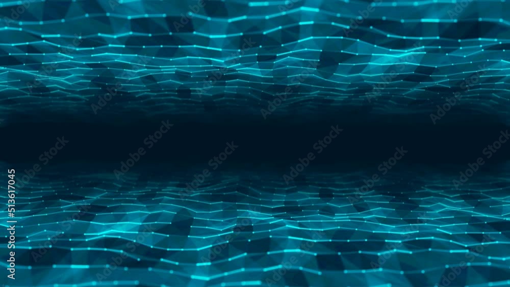Poster neon blue animated background frame. wave motion of luminous lines. plexus of stripes, dots. digital