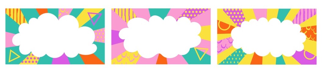 Radial beam stripes title vector abstract background. Comic page layout with cloud and speech bubble. Pop art comic cover template. 90s fun girlish design, nineties frame banner template collection