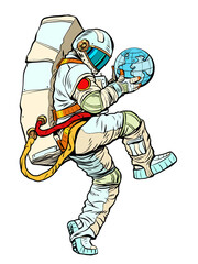 astronaut holding planet earth in hands, ecology science and world economy theme. man in a funny pose