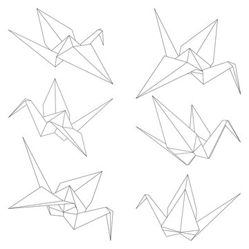 Set of origami crane vector outline illustration icon isolated on white background. Japanese traditional origami crane for infographic, website or app. Geometric line shape for art of folded paper.