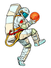 astronaut holding the planet mars in his hands, space business space exploration and science. man in a funny pose