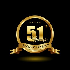 51 years anniversary logo with golden ring and ribbon for booklet, leaflet, magazine, brochure poster, banner, web, invitation or greeting card. Vector illustrations.