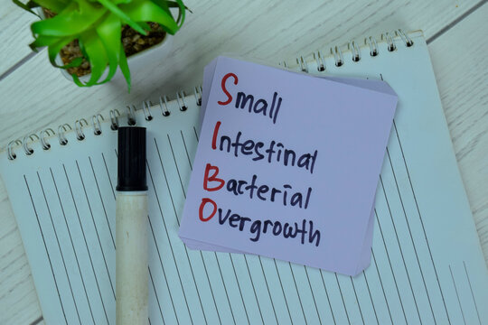 Concept of SIBO - Small Intestinal Bacterial Overgrowth write on sticky notes isolated on Wooden Table.