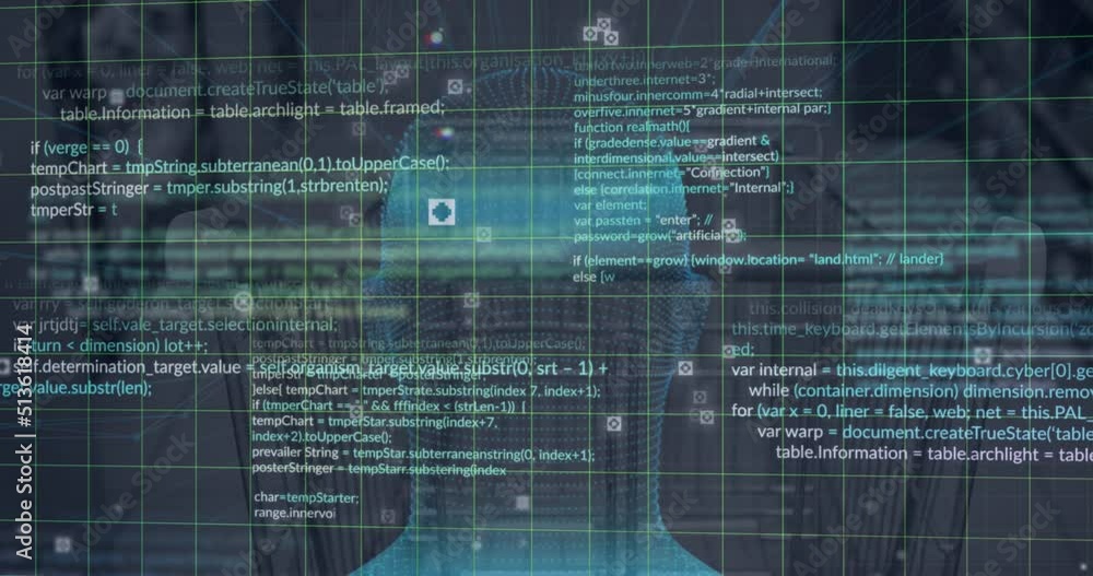 Poster animation of data processing and rotating human head model over supermarket cart
