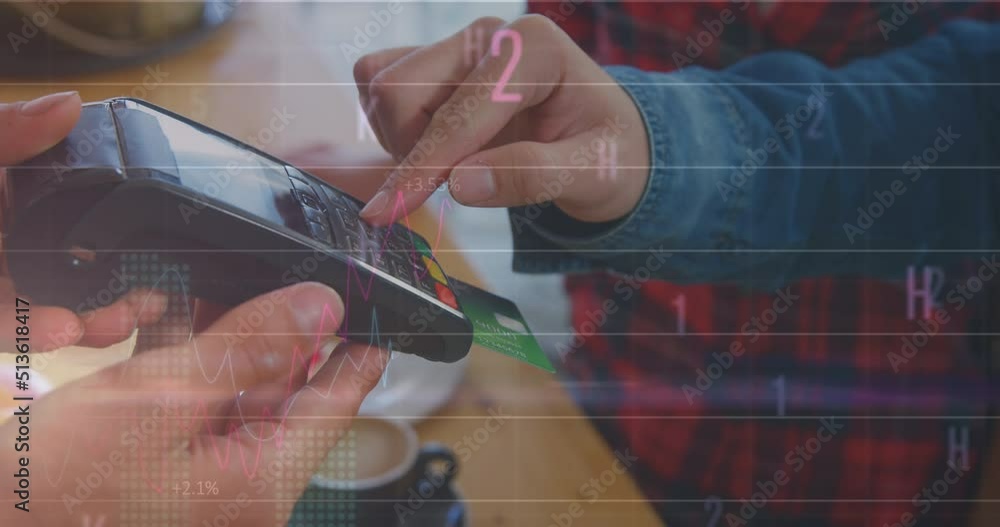 Aufkleber animation of numbers changing over hands of caucasian people using payment terminal