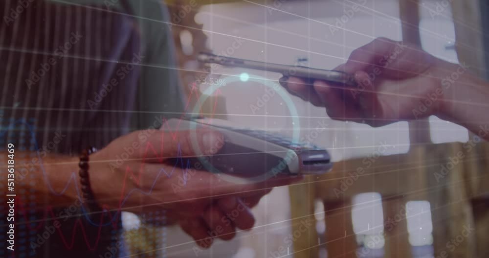 Aufkleber animation of financial data over hands of caucasian people using payment terminal