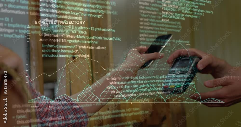 Poster animation of financial data and graphs over hands of caucasian people using payment terminal
