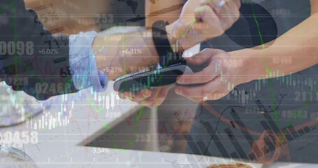 Animation of financial data over hands of caucasian people using payment terminal - Powered by Adobe