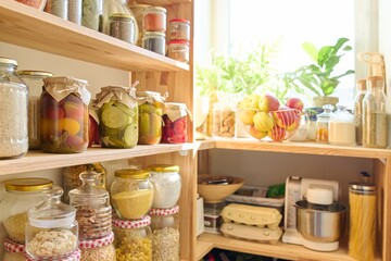 Storage of food in the kitchen in the pantry - obrazy, fototapety, plakaty