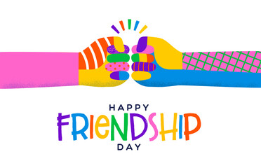 Happy frindship day greeting card illustration of colorful diverse friend hands