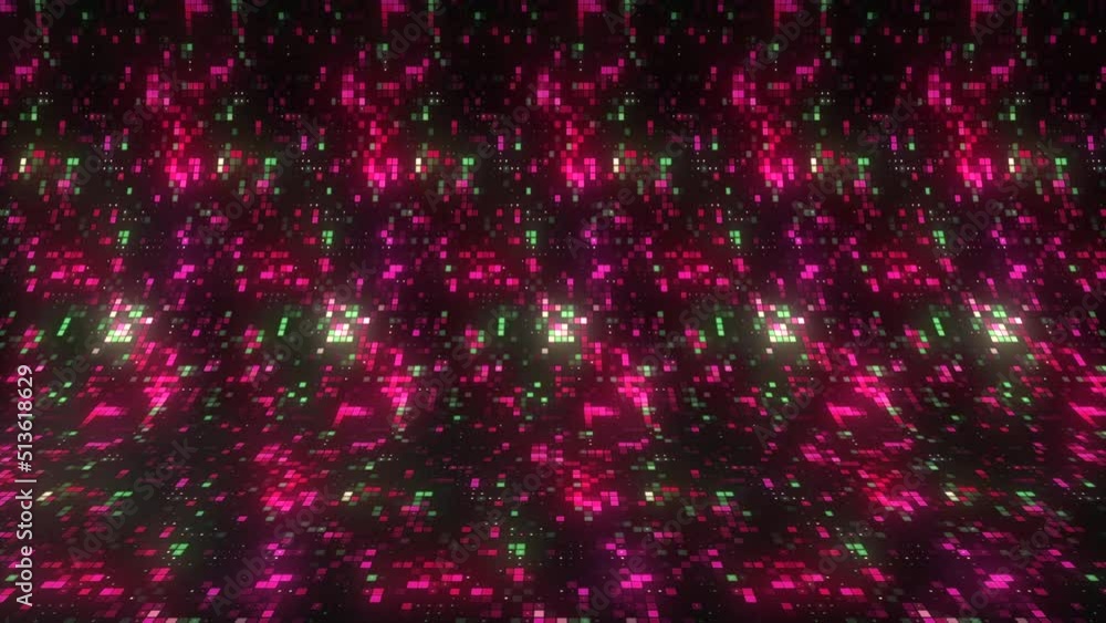 Poster Background of shimmering squares with bend. Motion. Beautiful background with curve and moving shimmering squares. Colorful shimmering pattern of pixel squares
