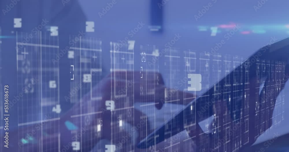 Poster animation of data processing over hands of caucasian woman using tablet