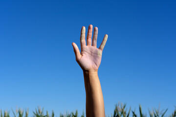 Hand of a woman with colored chalk powder raised up against the blue sky