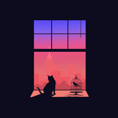 Creative concept illustration cat is sitting on the windowsill next to window watching the sunlight sunshine dusk dawn.