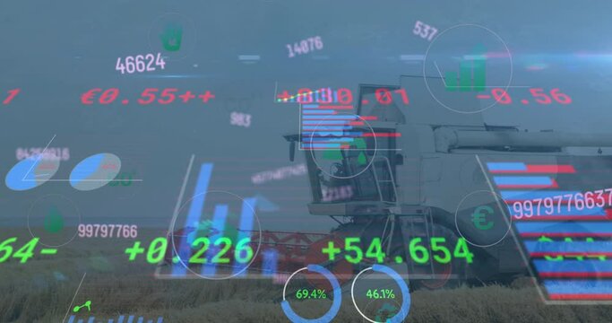 Animation of financial data over combine harvester and field
