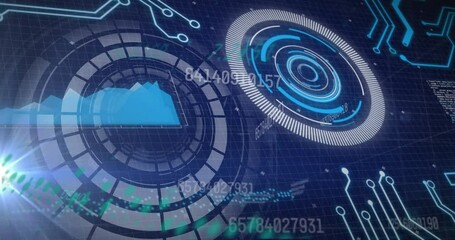 Animation of processing circles and diverse data on navy background