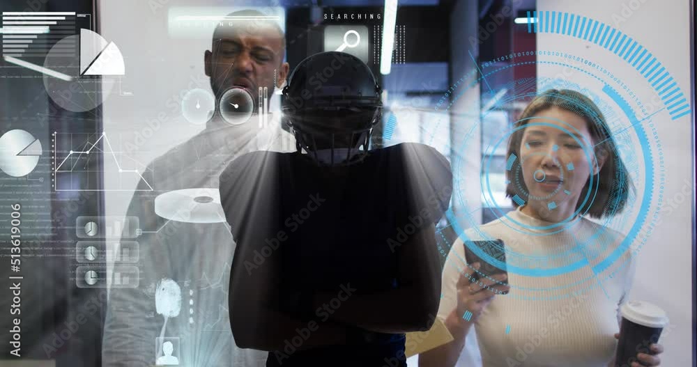 Poster animation of data processing over diverse business people talking and walking