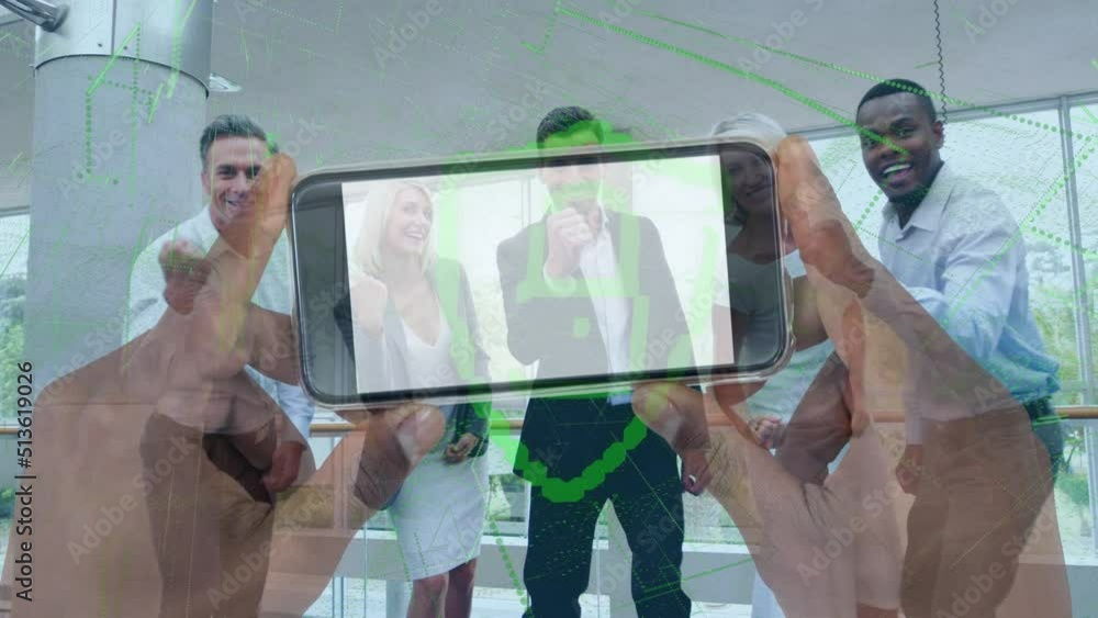 Poster animation of data processing over diverse business people smiling