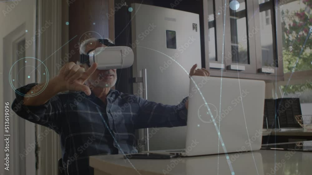 Poster animation of network of connections over caucasian man using vr headset
